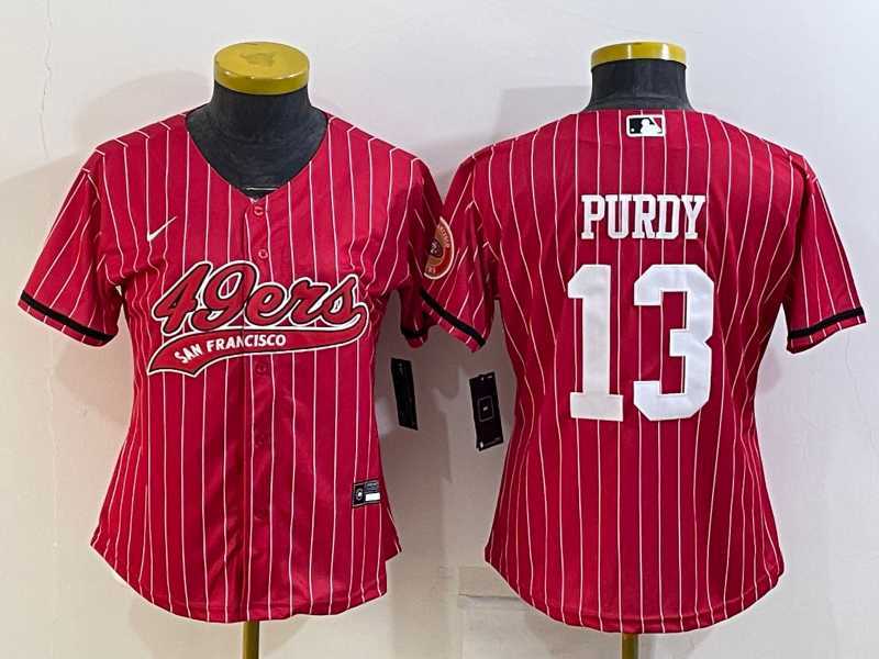 Womens San Francisco 49ers #13 Brock Purdy Red Pinstripe With Patch Cool Base Stitched Baseball Jersey